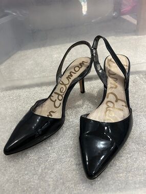 SAM EDELMAN Black Patent Pointed Slingback Heels